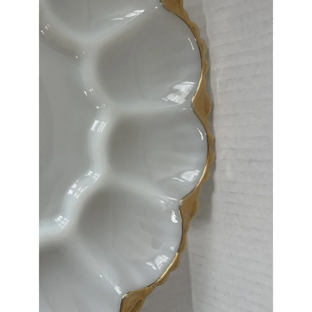 Vintage Anchor Hocking Fire-King Milk Glass Deviled Egg Plate Gold Trim 10